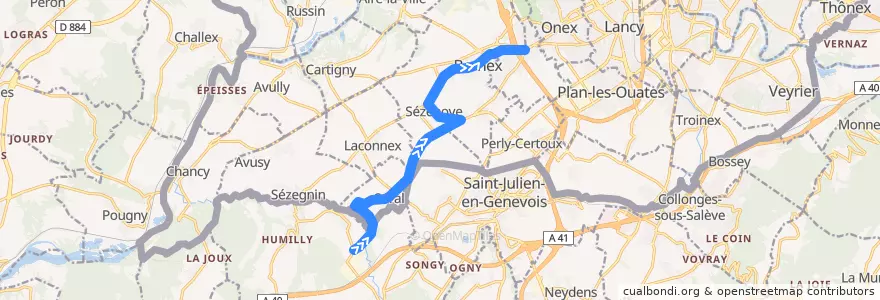Mapa del recorrido Bus 63: Viry-Eglise → Confignon-Croisée de la línea  en 日內瓦.
