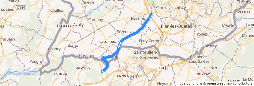Mapa del recorrido Bus 63: Confignon-Croisée → Viry-Eglise de la línea  en Ginebra.