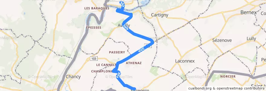 Mapa del recorrido Bus 77: La Plaine-Gare → Sézegnin-Mairie d'Avusy de la línea  en ジュネーヴ.