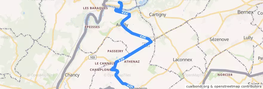 Mapa del recorrido Bus 77: Mairie d'Avusy → La Plaine de la línea  en Genf.