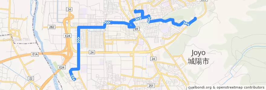 Mapa del recorrido プラムイン城陽長池線 水主団地 --> プラムイン城陽 de la línea  en 城陽市.