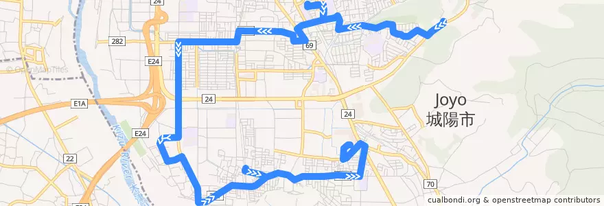 Mapa del recorrido プラムイン城陽長池線 プラムイン城陽 --> アルプラザ城陽 de la línea  en 城陽市.