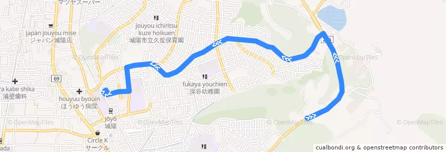 Mapa del recorrido 鴻ノ巣山運動公園近鉄寺田線 プラムイン城陽 --> JR城陽駅 de la línea  en 城陽市.