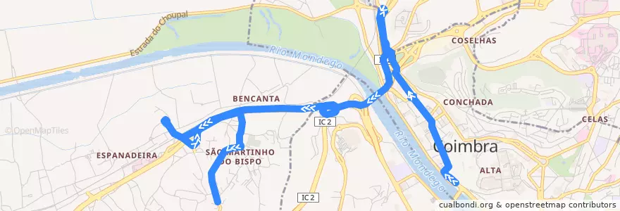 Mapa del recorrido 14: Portagem => Estação Velha => São Martinho do Bispo de la línea  en Coimbra.