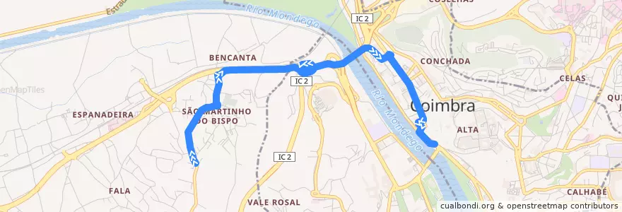 Mapa del recorrido 14T: São Martinho do Bispo => Beira Rio de la línea  en Coimbra.