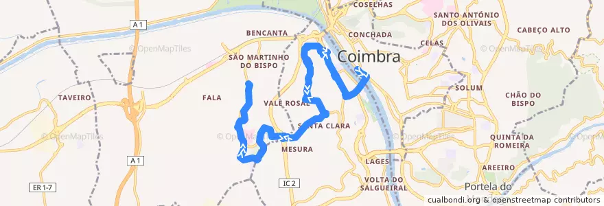 Mapa del recorrido 14T: Beira Rio => Covões => São Martinho do Bispo de la línea  en Coímbra.