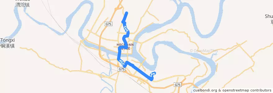 Mapa del recorrido 825路 东津沱小学→合川农贸城 de la línea  en 合川区.