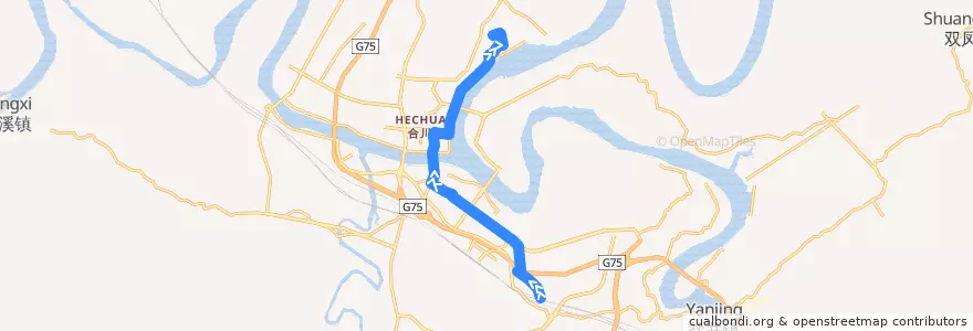 Mapa del recorrido 213路 强联发→职教中心 de la línea  en 合川区.