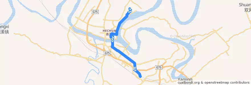 Mapa del recorrido 213路 职教中心→强联发 de la línea  en 合川区.