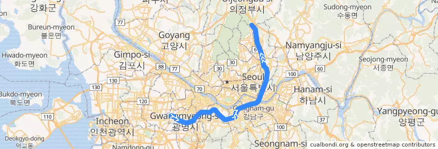 Mapa del recorrido 서울 지하철 7호선: 온수 → 도봉산 de la línea  en 首尔.