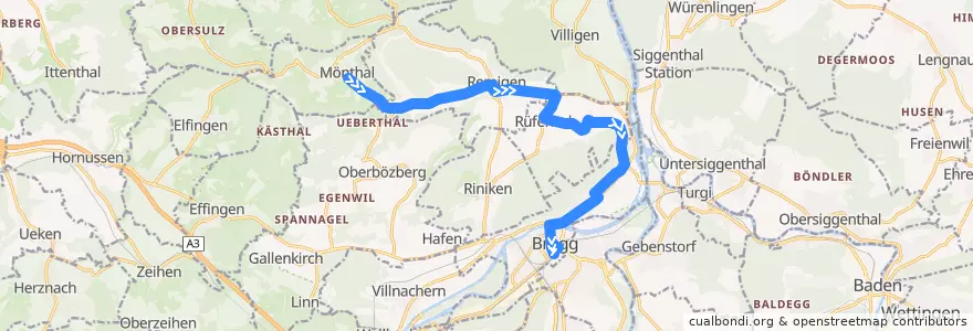 Mapa del recorrido Bus 374: Mönthal => Eisi => Brugg AG de la línea  en Bezirk Brugg.