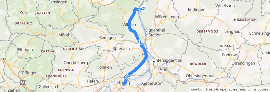 Mapa del recorrido Bus 376: Villigen, PSI Ost => Brugg AG de la línea  en Bezirk Brugg.