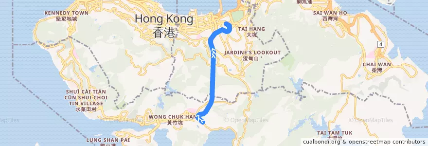Mapa del recorrido 港島專綫小巴N40線 Hong Kong Green Minibus N40 (赤柱村 Stanley Village → 銅鑼灣 Causeway Bay) de la línea  en Hong Kong Island.