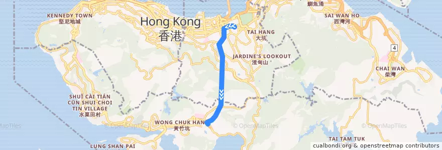 Mapa del recorrido 港島專綫小巴N40線 Hong Kong Green Minibus N40 (銅鑼灣 Causeway Bay → 赤柱村 Stanley Village) de la línea  en Pulau Hong Kong.