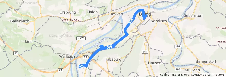 Mapa del recorrido Bus 368: Schinznach Bad => Wildischachen => Brugg AG de la línea  en Bezirk Brugg.
