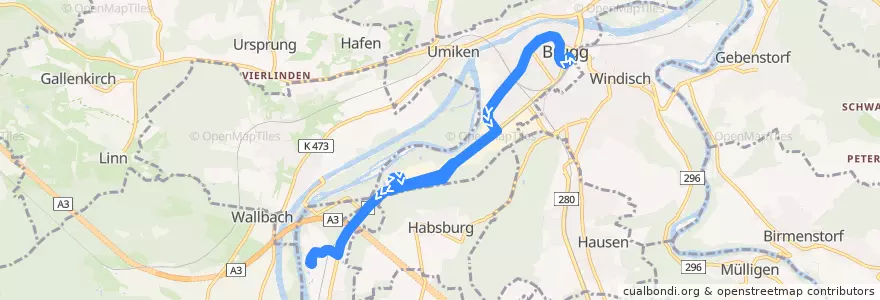 Mapa del recorrido Bus 368: Brugg AG => Wildischachen => Schinznach Bad de la línea  en Bezirk Brugg.