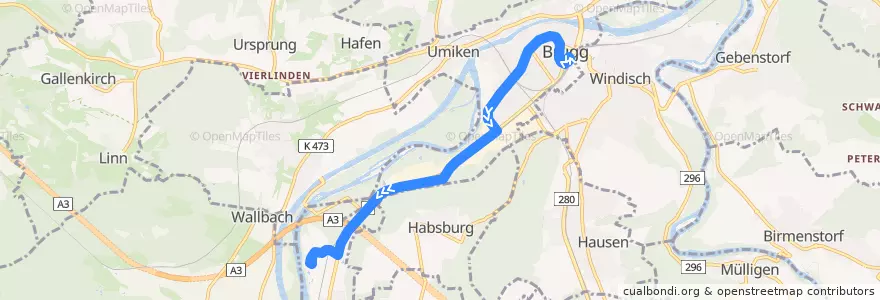 Mapa del recorrido Bus 368: Brugg AG => Schinznach Bad de la línea  en Bezirk Brugg.