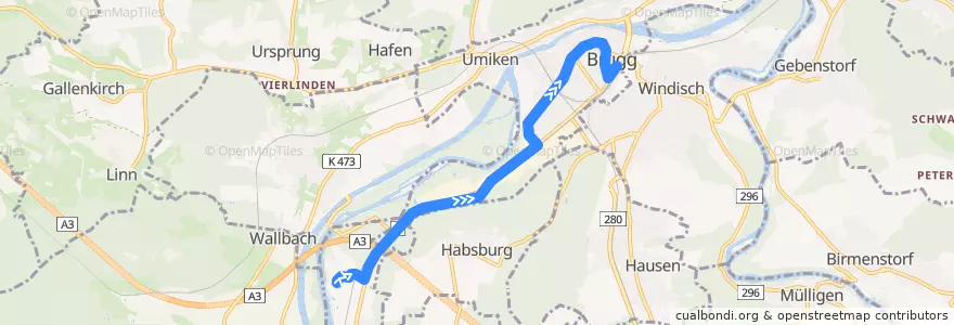 Mapa del recorrido Bus 368: Schinznach Bad => Brugg AG de la línea  en Bezirk Brugg.