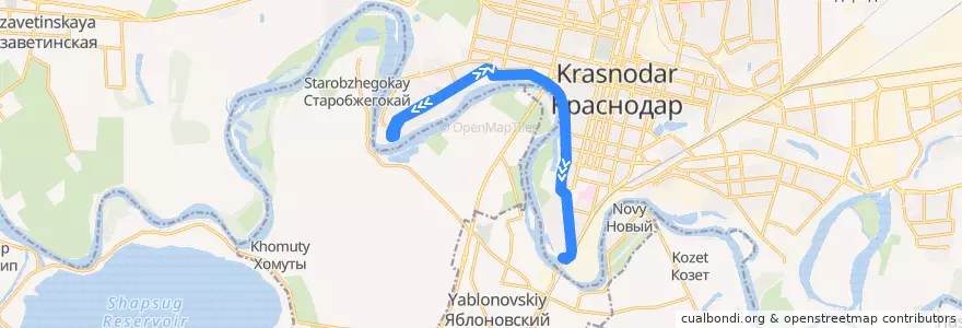 Mapa del recorrido Автобус №95: Юбилейный микрорайон => Автовокзал "Южный" de la línea  en Krasnodar Municipality.