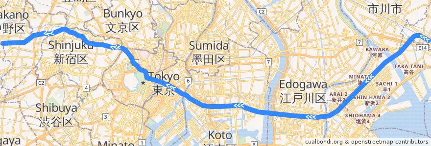 Mapa del recorrido 東京メトロ東西線 通勤快速 : 西船橋→中野 de la línea  en 일본.