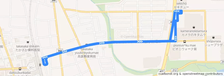 Mapa del recorrido 高03 高坂駅東口～ピオニウォーク東松山 de la línea  en 東松山市.