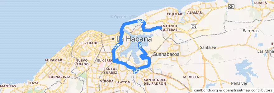 Mapa del recorrido Ruta A60 Regla => Parque Fraternidad => Bahía de la línea  en La Habana.