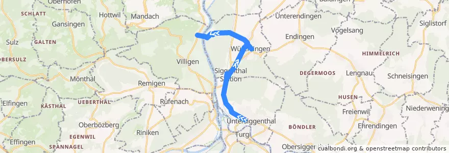 Mapa del recorrido Bus 357: Untersiggenthal => Villigen, PSI West de la línea  en Bezirk Baden.