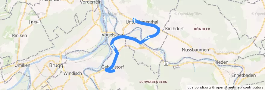 Mapa del recorrido Bus 357: Untersiggenthal => Gebenstorf de la línea  en Bezirk Baden.