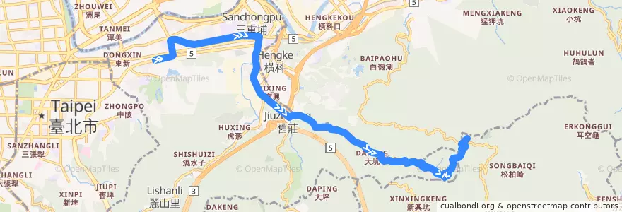 Mapa del recorrido 臺北市 小5 捷運昆陽站->光明寺 de la línea  en Taipeh.