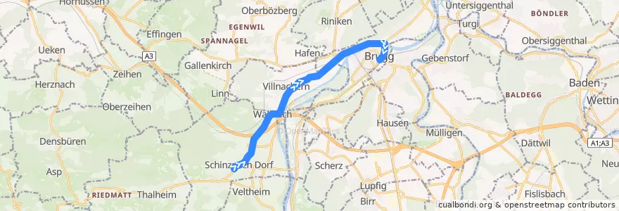 Mapa del recorrido Bus 371: Schinznach Dorf => Brugg AG de la línea  en Bezirk Brugg.