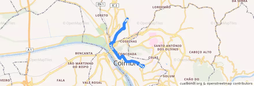 Mapa del recorrido 27F: Bairro do Ingote => Praça da República de la línea  en Coimbra.