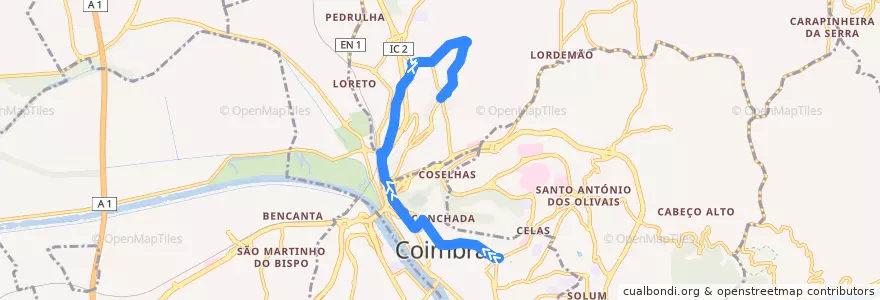 Mapa del recorrido 27: Praça da República => Bairro do Brinca => Bairro do Ingote de la línea  en Coimbra.