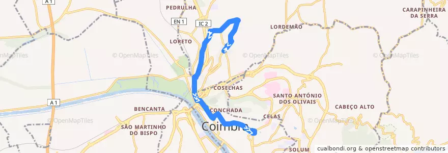 Mapa del recorrido 28F: Monte Formoso => Bairro do Brinca => Praça da República de la línea  en Coïmbre.