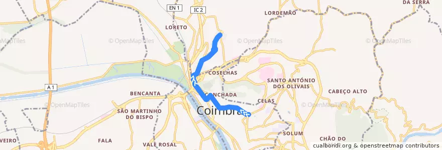 Mapa del recorrido 28F: Praça da República => Monte Formoso => Bairro do Ingote de la línea  en Coimbra.