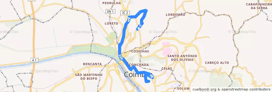 Mapa del recorrido 28: Monte Formoso => Bairro do Brinca => Universidade de la línea  en Coimbra.