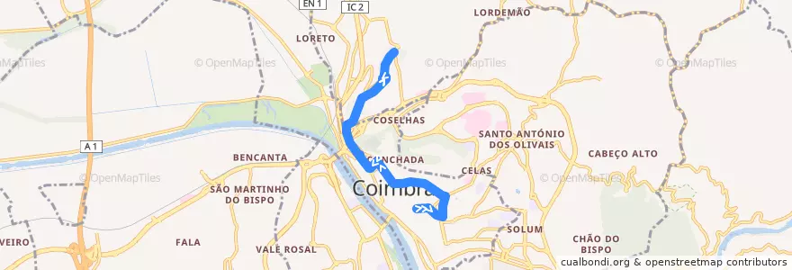 Mapa del recorrido 28: Universidade => Monte Formoso => Bairro do Ingote de la línea  en Coimbra.