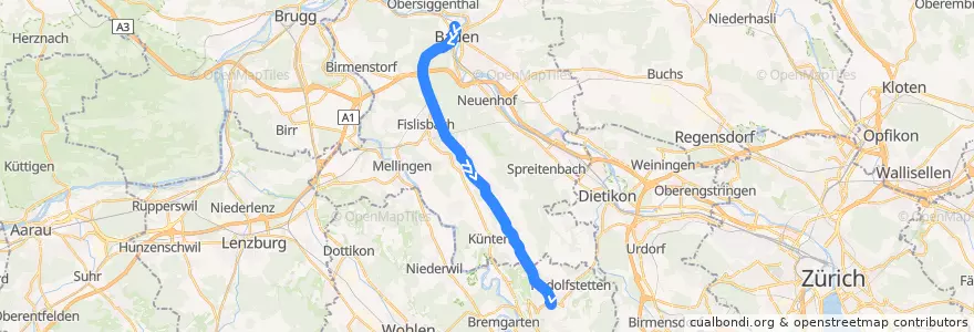 Mapa del recorrido Bus N70: Baden => Remetschwil => Berikon-Widen de la línea  en Bezirk Baden.