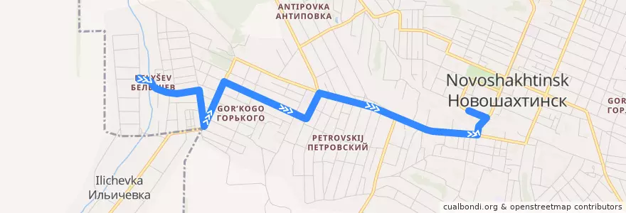 Mapa del recorrido Автобус 31: Посёлок Белышева => Центр de la línea  en городской округ Новошахтинск.