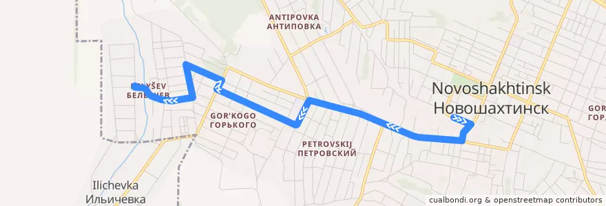 Mapa del recorrido Автобус 31: Центр => Посёлок Белышева de la línea  en городской округ Новошахтинск.