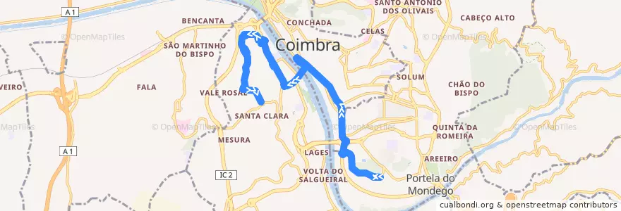 Mapa del recorrido 38T: Pólo 2 => Fórum => Santa Clara de la línea  en Coímbra.