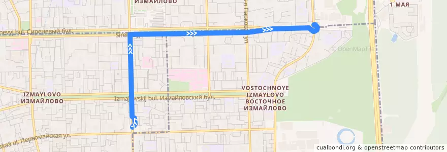 Mapa del recorrido Автобус Т55к: Метро "Измайловская" => Площадь Соловецких Юнг de la línea  en Östlicher Verwaltungsbezirk.