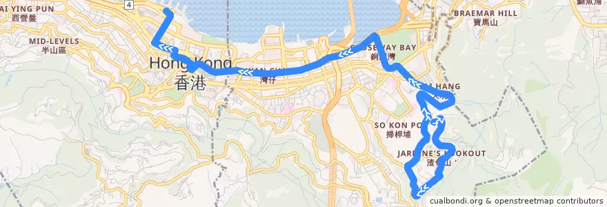 Mapa del recorrido 城巴511線 Citybus 511 (渣甸山 Jardine's Lookout → 中環碼頭 Central (Ferry Piers)) de la línea  en 灣仔區.