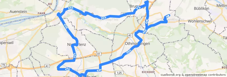 Mapa del recorrido Bus N82: Lenzburg => Wildegg => Othmarsingen de la línea  en Bezirk Lenzburg.
