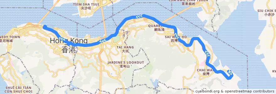 Mapa del recorrido 城巴788線 Citybus 788 (小西灣（藍灣半島） Siu Sai Wan (Island Resort) → 中環（港澳碼頭） Central (Macau Ferry) (經金鐘 via Admiralty)) de la línea  en Île de Hong Kong.