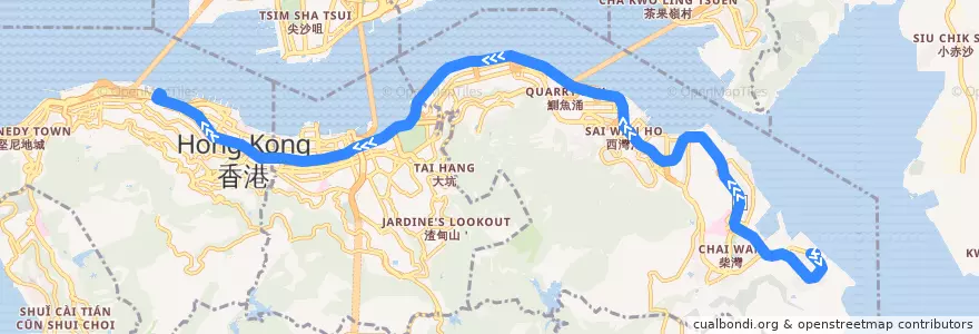 Mapa del recorrido 城巴788線 Citybus 788 (小西灣（藍灣半島） Siu Sai Wan (Island Resort) → 中環（港澳碼頭） Central (Macau Ferry) (不停曉翠街及舊灣仔警署 omit Hiu Tsui Street and Old Wan Chai Police Station)) de la línea  en 홍콩섬.