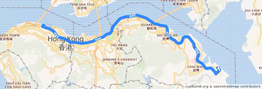 Mapa del recorrido 城巴788線 Citybus 788 (小西灣（藍灣半島） Siu Sai Wan (Island Resort) → 中環（港澳碼頭） Central (Macau Ferry) (不停富景花園 omit Fullview Garden)) de la línea  en Hong Kong Island.