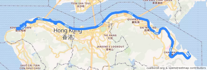 Mapa del recorrido 新巴88X線 NWFB 88X (堅尼地城（卑路乍灣） Kennedy Town (Belcher Bay) → 小西灣（藍灣半島） Siu Sai Wan (Island Resort)) de la línea  en Île de Hong Kong.