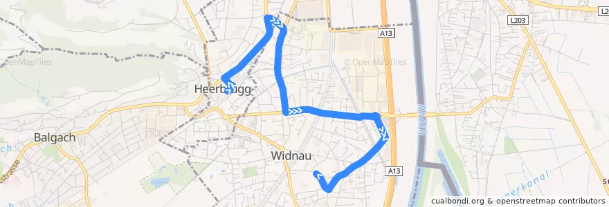 Mapa del recorrido Bus 351: Heerbrugg, Bahnhof => Widnau, Schlatt de la línea  en Widnau.