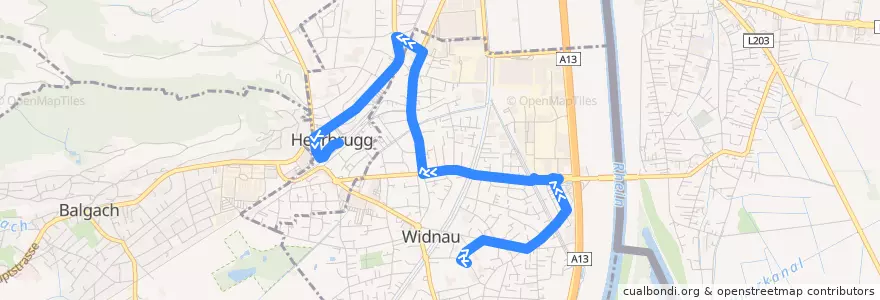 Mapa del recorrido Bus 351: Widnau, Schlatt => Heerbrugg, Bahnhof de la línea  en Wahlkreis Rheintal.