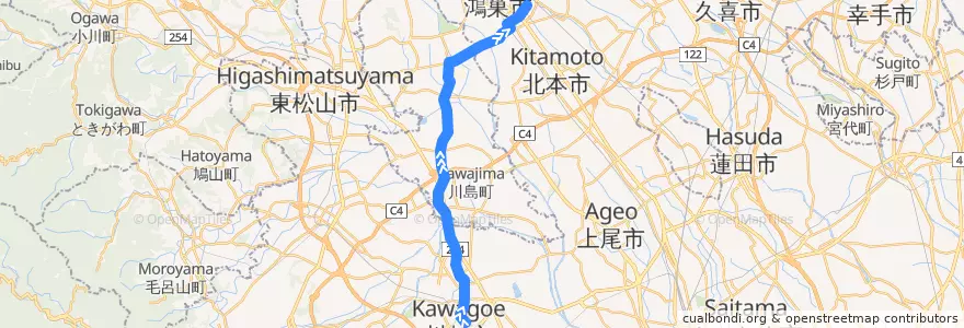 Mapa del recorrido 川越03 川越駅東口→鴻巣駅東口→免許センター de la línea  en Prefettura di Saitama.
